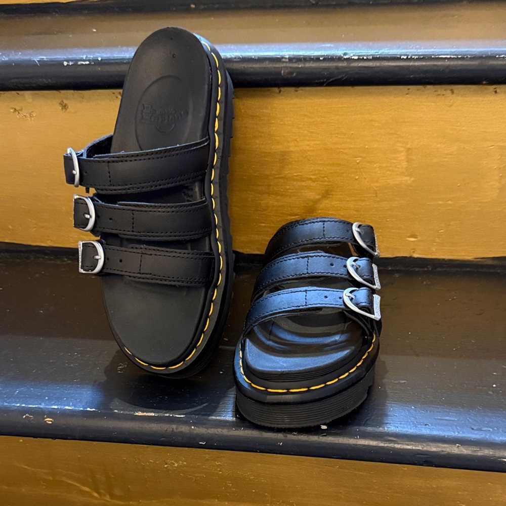 Dr. Martens Black Triple-Buckle Slide Sandals with Yellow Stitching